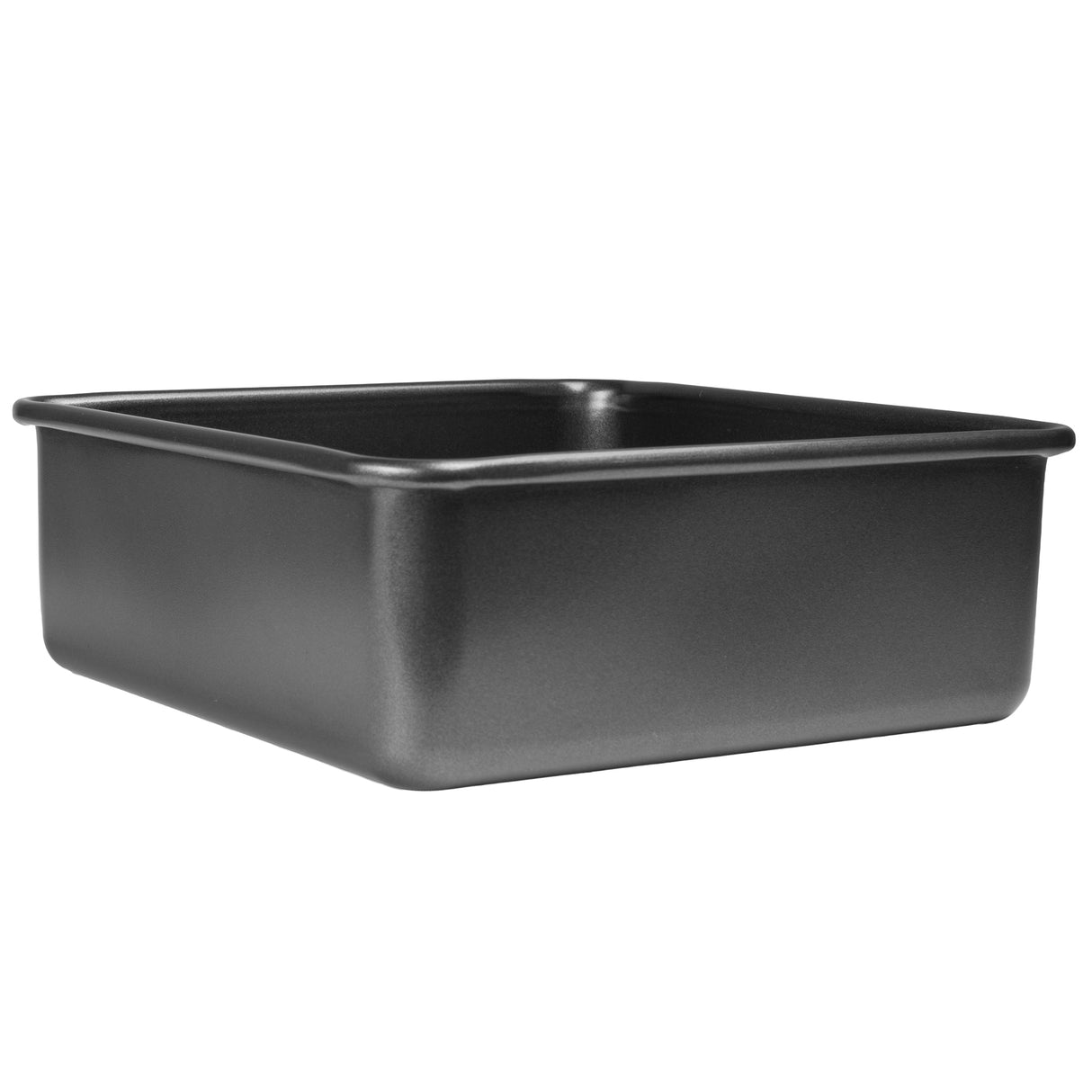 Black square carbon steel cake tin on a white background