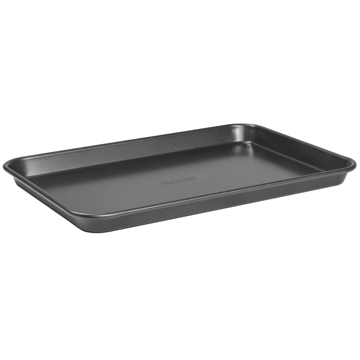 A ProChef black oven tray made of carbon steel with a non-stick coating on the interior and exterior.