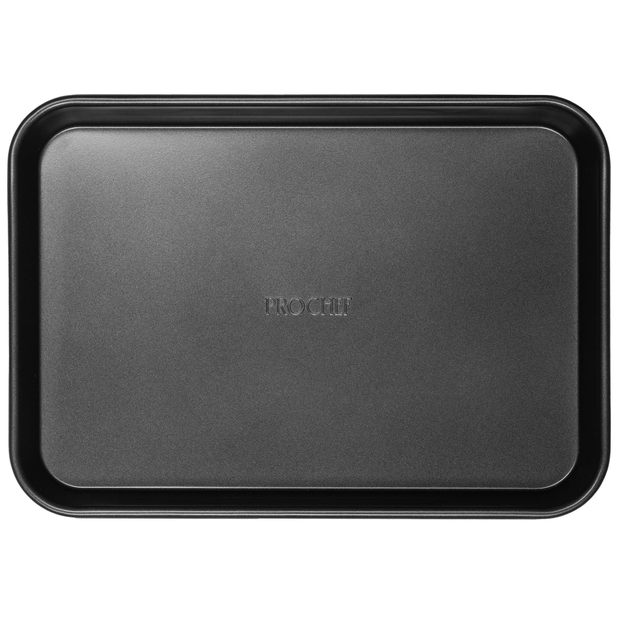 Top down shot of a ProChef black rectangular oven tray with embossed logo on a white background