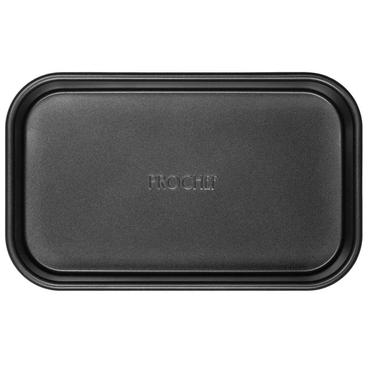 Top down shot of a black rectangular oven tray with embossed logo on a white background