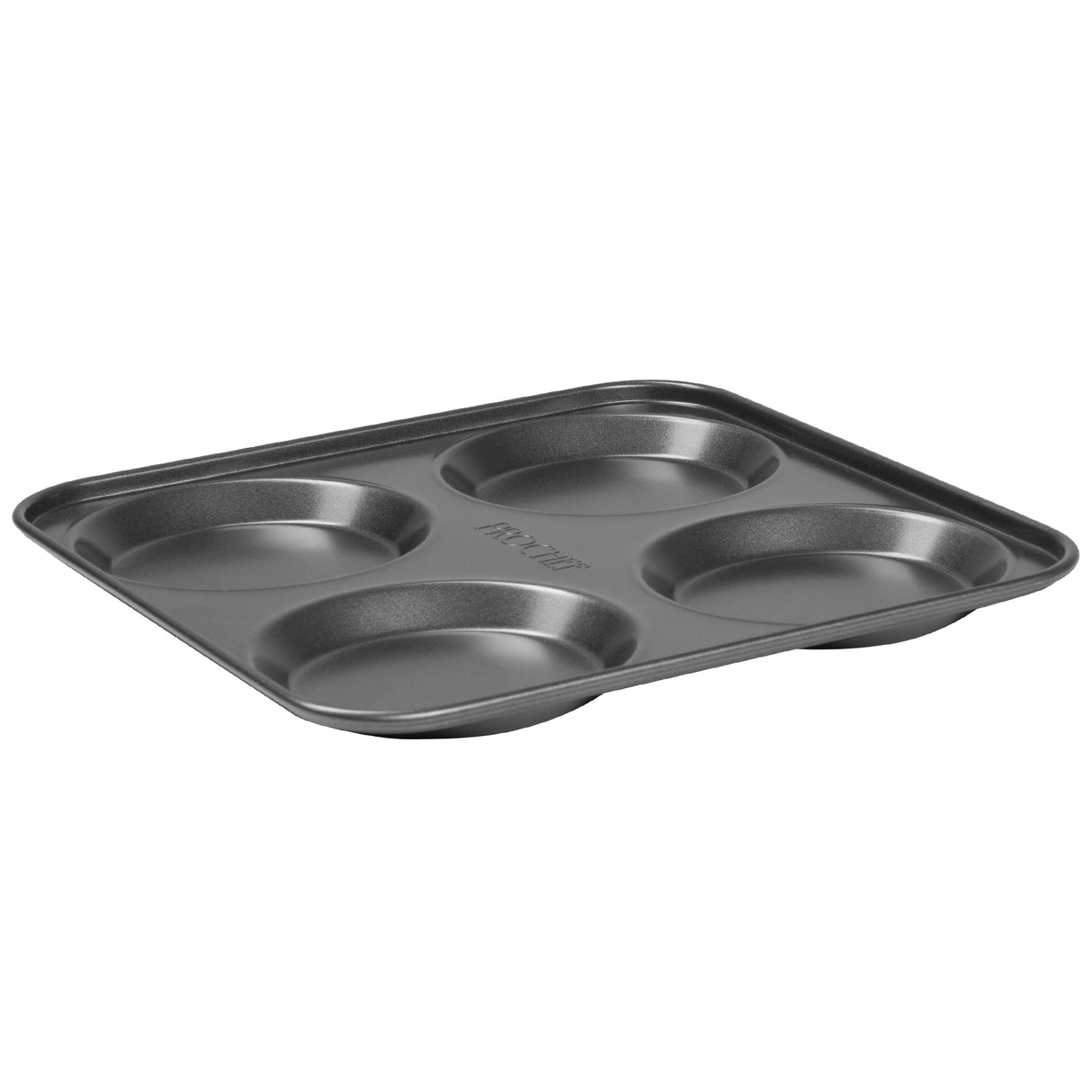 A black Yorkshire pudding tray with four individual cups.