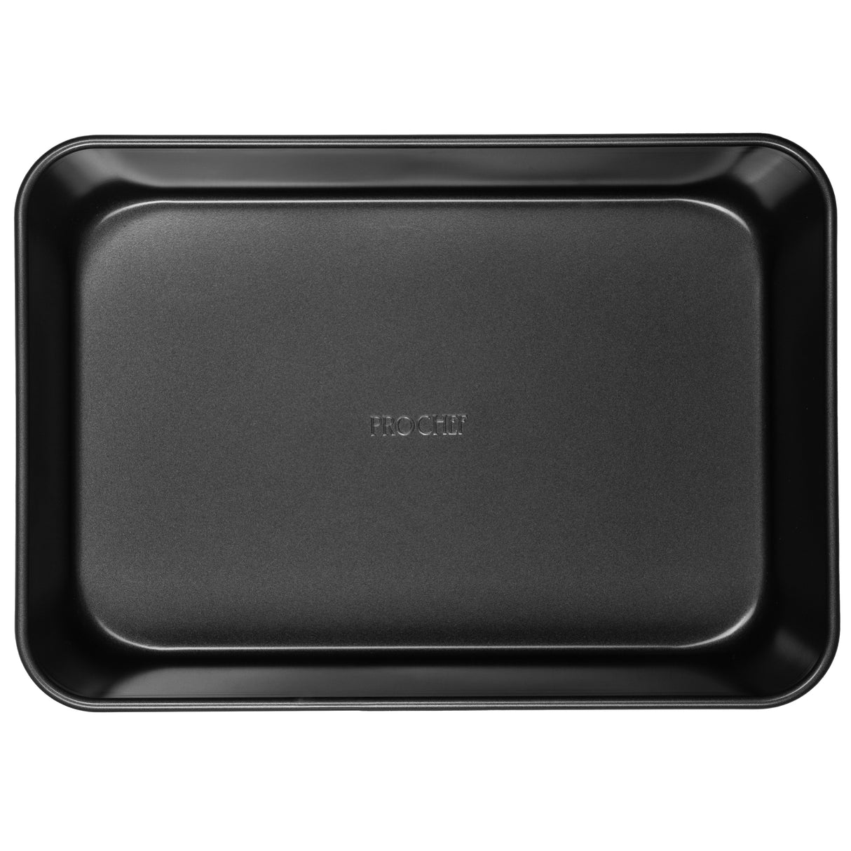 Top down shot of a black rectangular roasting tin on a white background