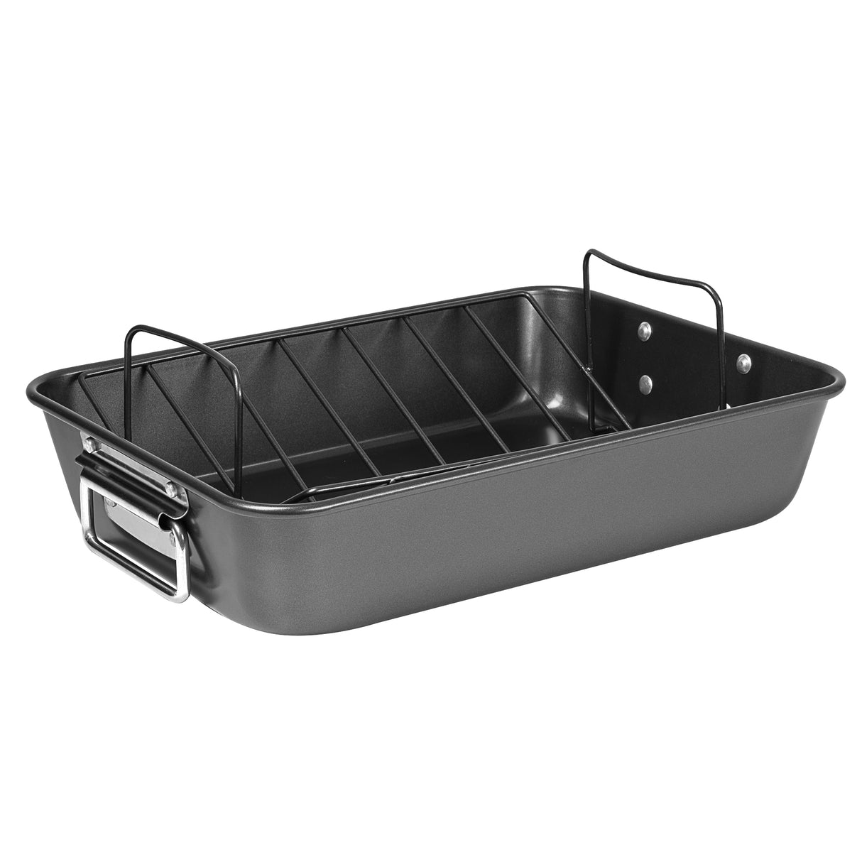 A black metal roaster with a V-shaped rack and side handles.