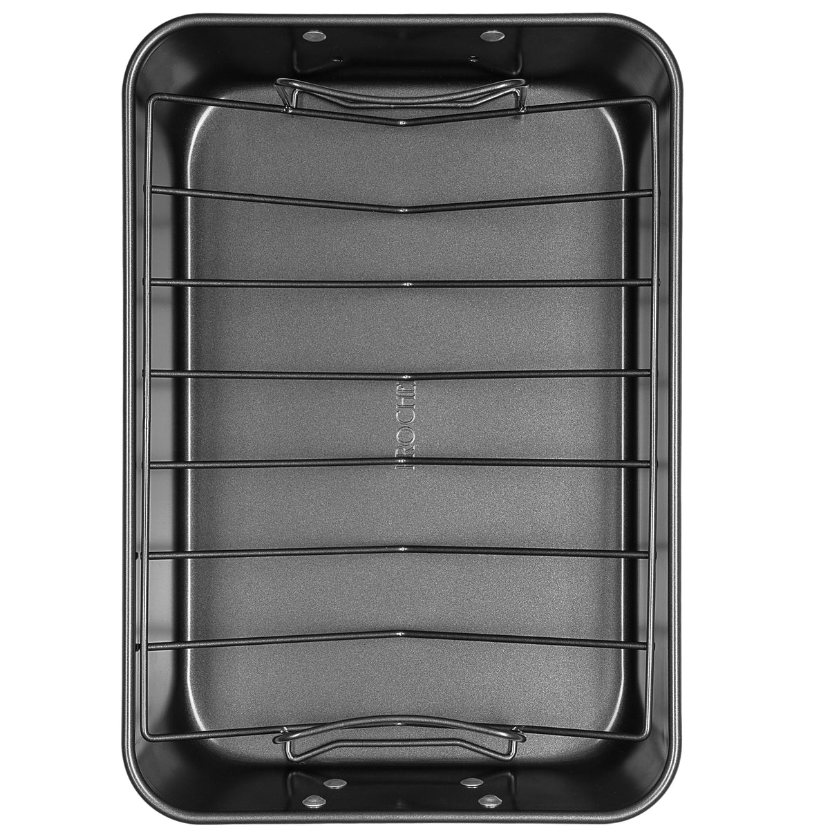 Top down shot of a ProChef black carbon steel roasting tin with V-rack