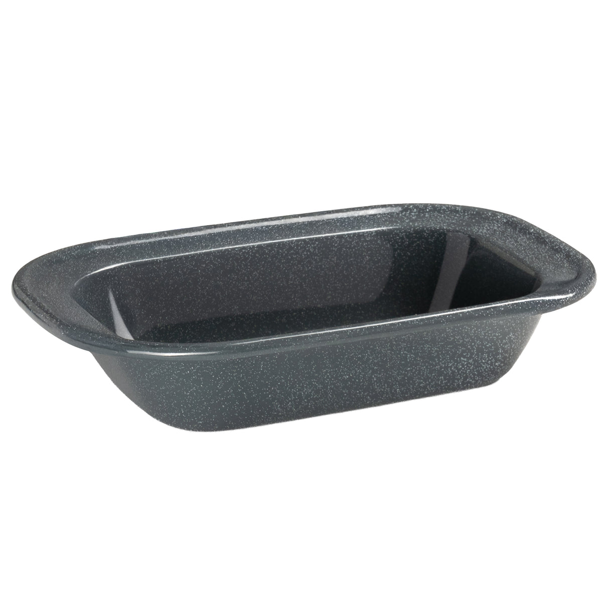 Rectangular grey speckled enamel pie dish, ideal for baking pies, casseroles and oven-baked meals.