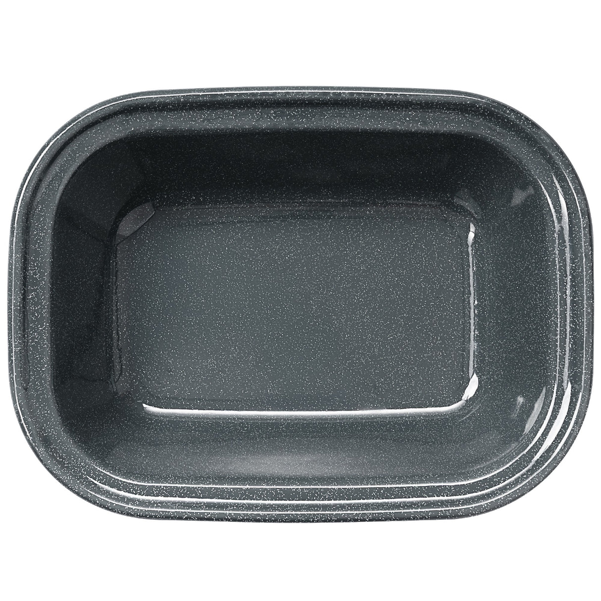 Top-down view of a rectangular grey speckled enamel pie dish with deep sides, ideal for oven-baked pies, crumbles, and roasts.