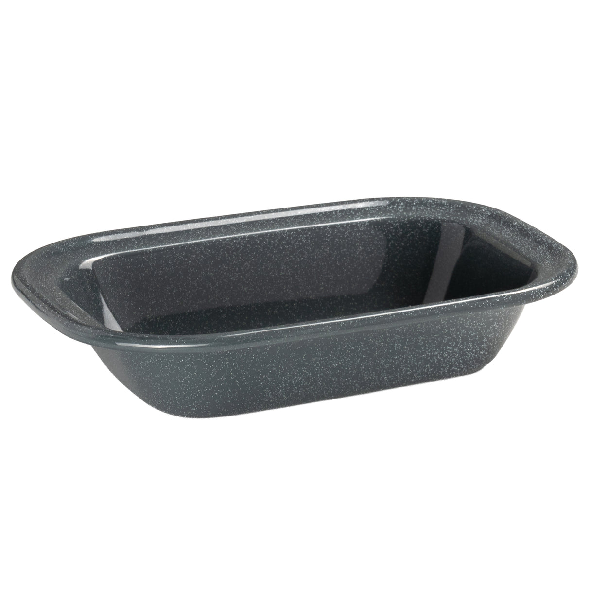 Grey enamel speckled pie dish on a white background