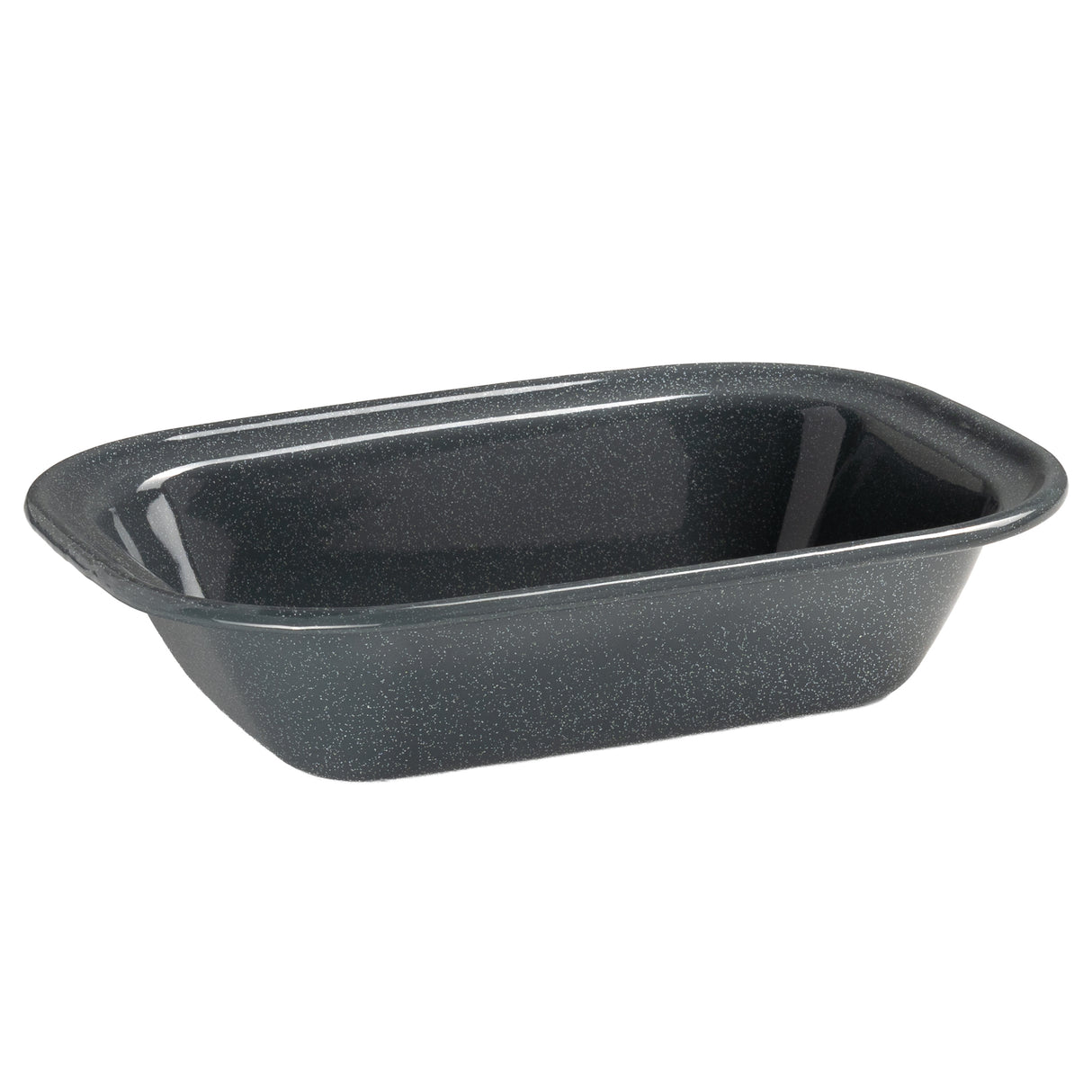 Rectangular grey speckled enamel pie dish, ideal for baking pies, casseroles and oven-baked meals.