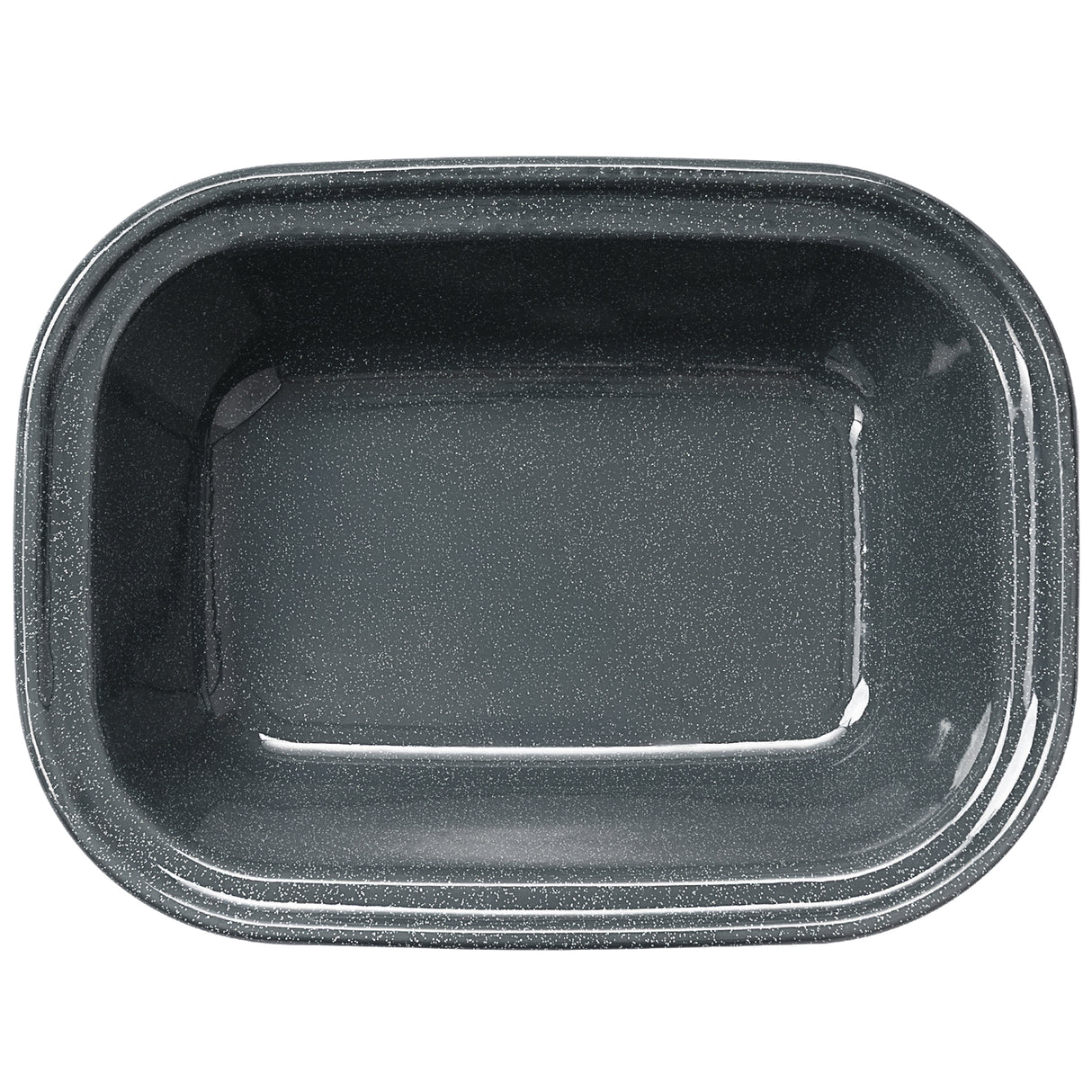 Top-down view of a rectangular grey speckled enamel pie dish with deep sides, ideal for oven-baked pies, crumbles, and roasts.
