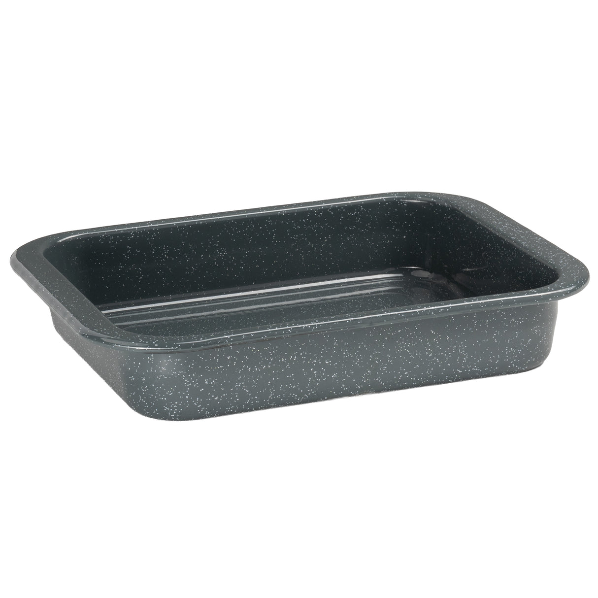 Rectangular grey roasting tin with speckled finish on a white background