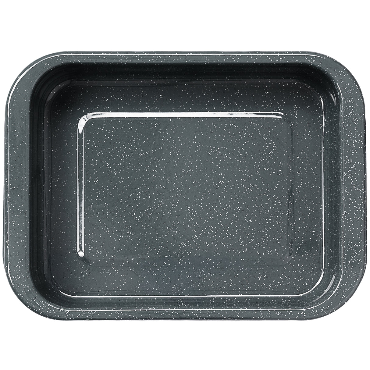 Top down shot of a grey speckled enamel roasting tin on a white background