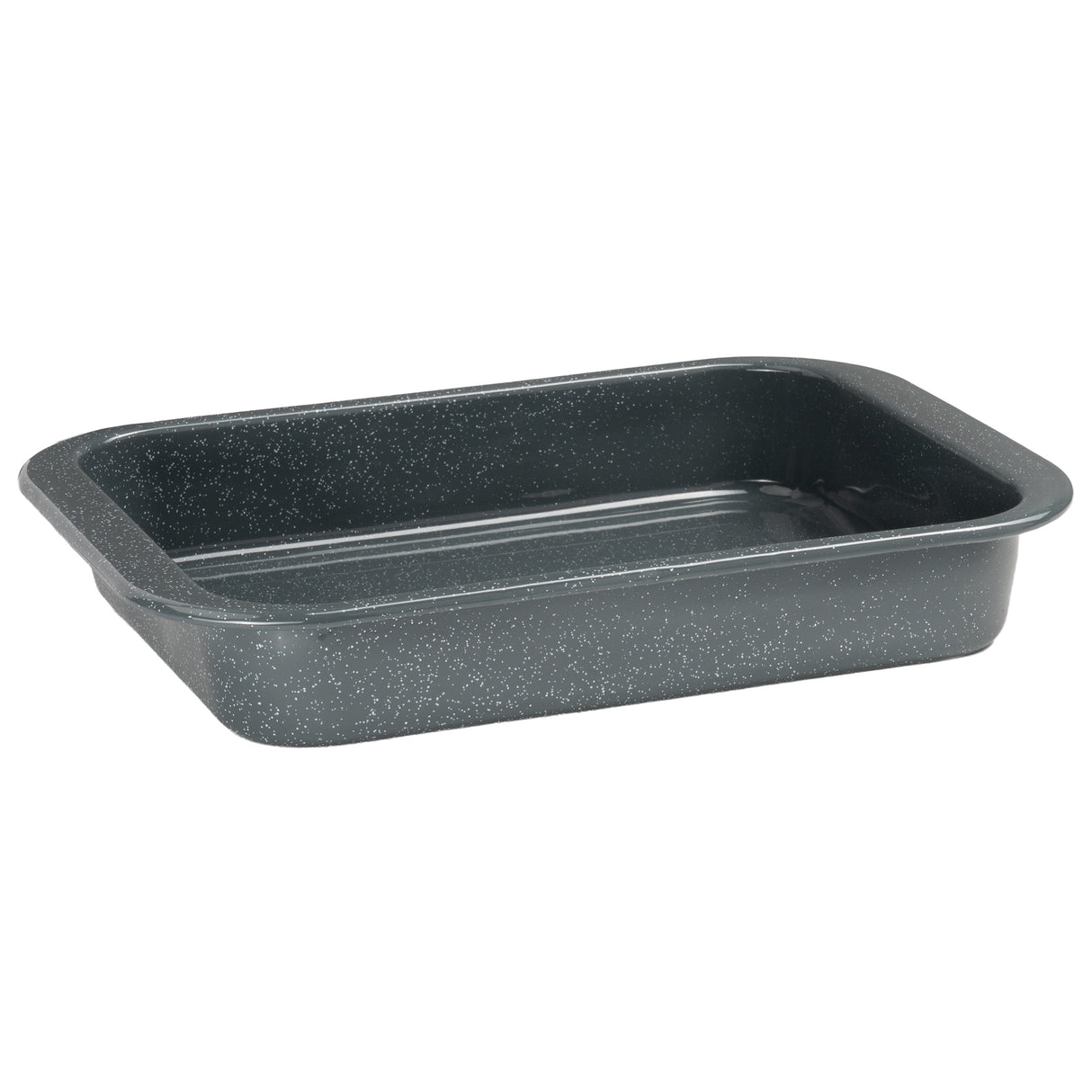 Grey enamel speckled rectangular baking pan on a white background