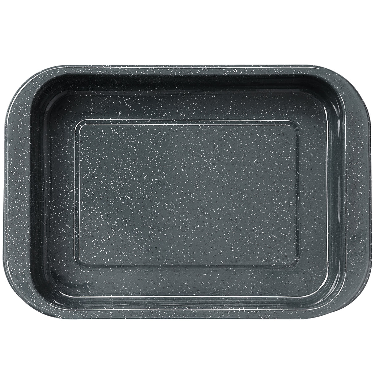 Top down shot of a grey rectangular roasting tray with speckled texture on a white background