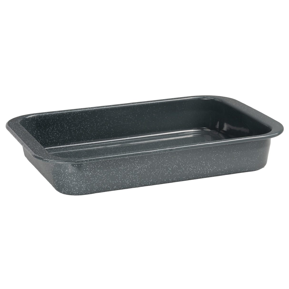 Grey enamel speckled baking dish on a white background