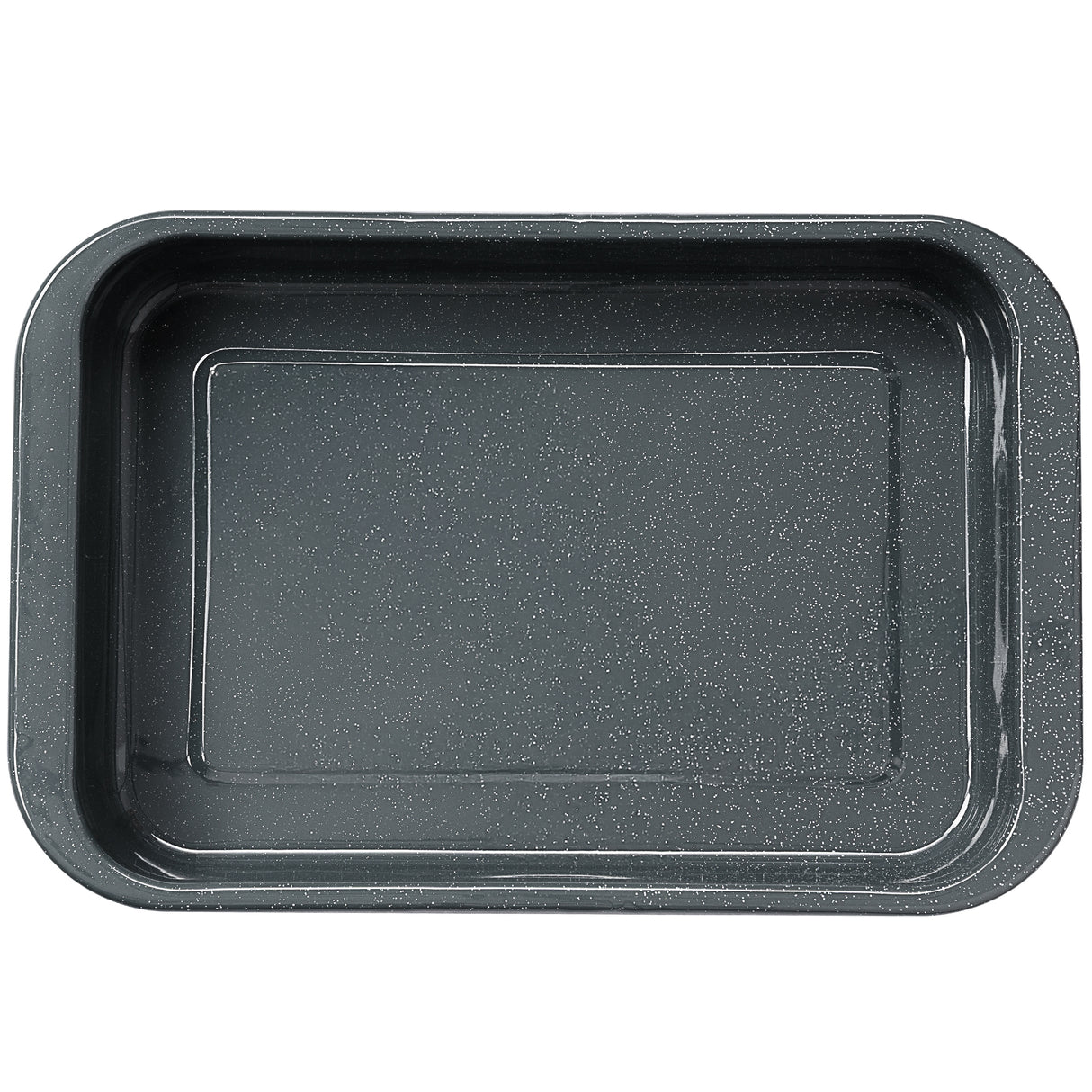 Grey enamel rectangular roasting tray on a white background