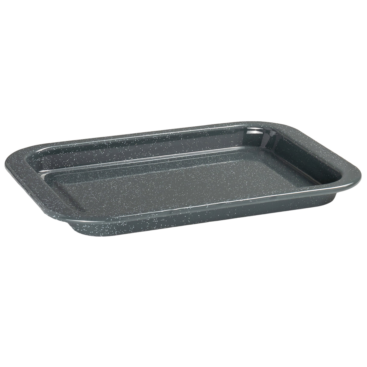 Grey speckled enamel baking tray on a white background