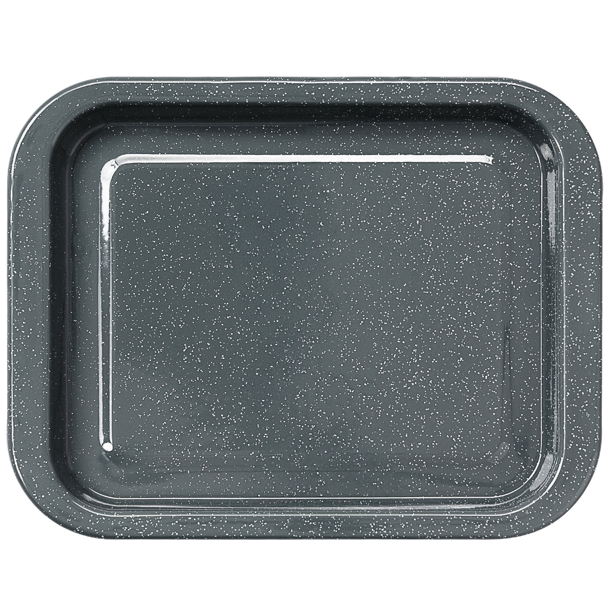 Grey speckled baking tray on a white background