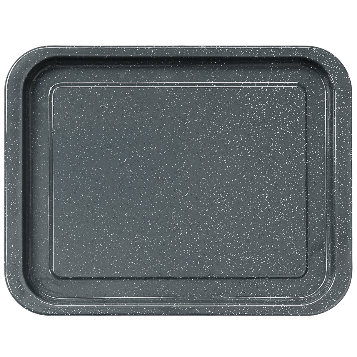 Grey rectangular baking tray with speckled texture on a white background