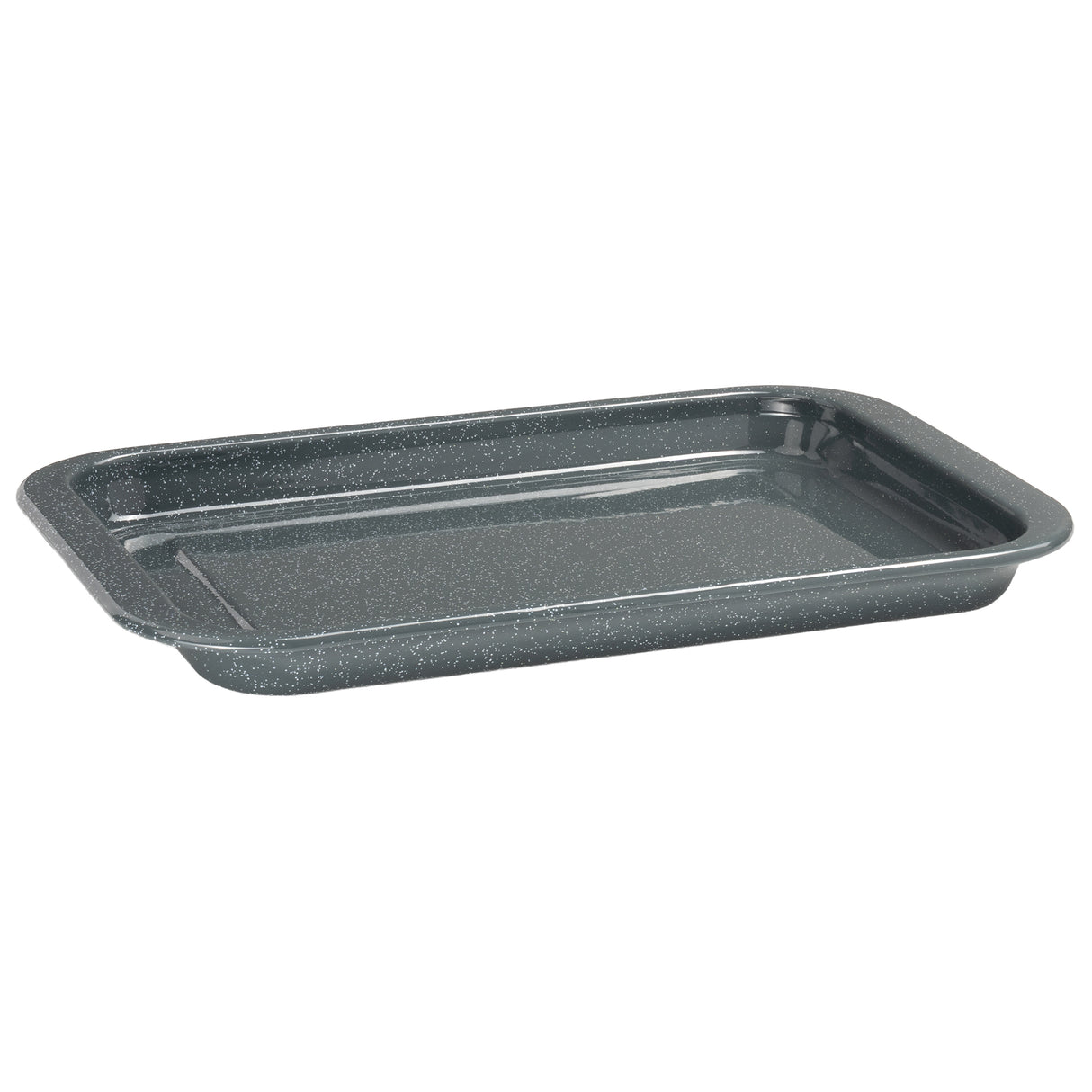 Grey speckled baking tray on a white background
