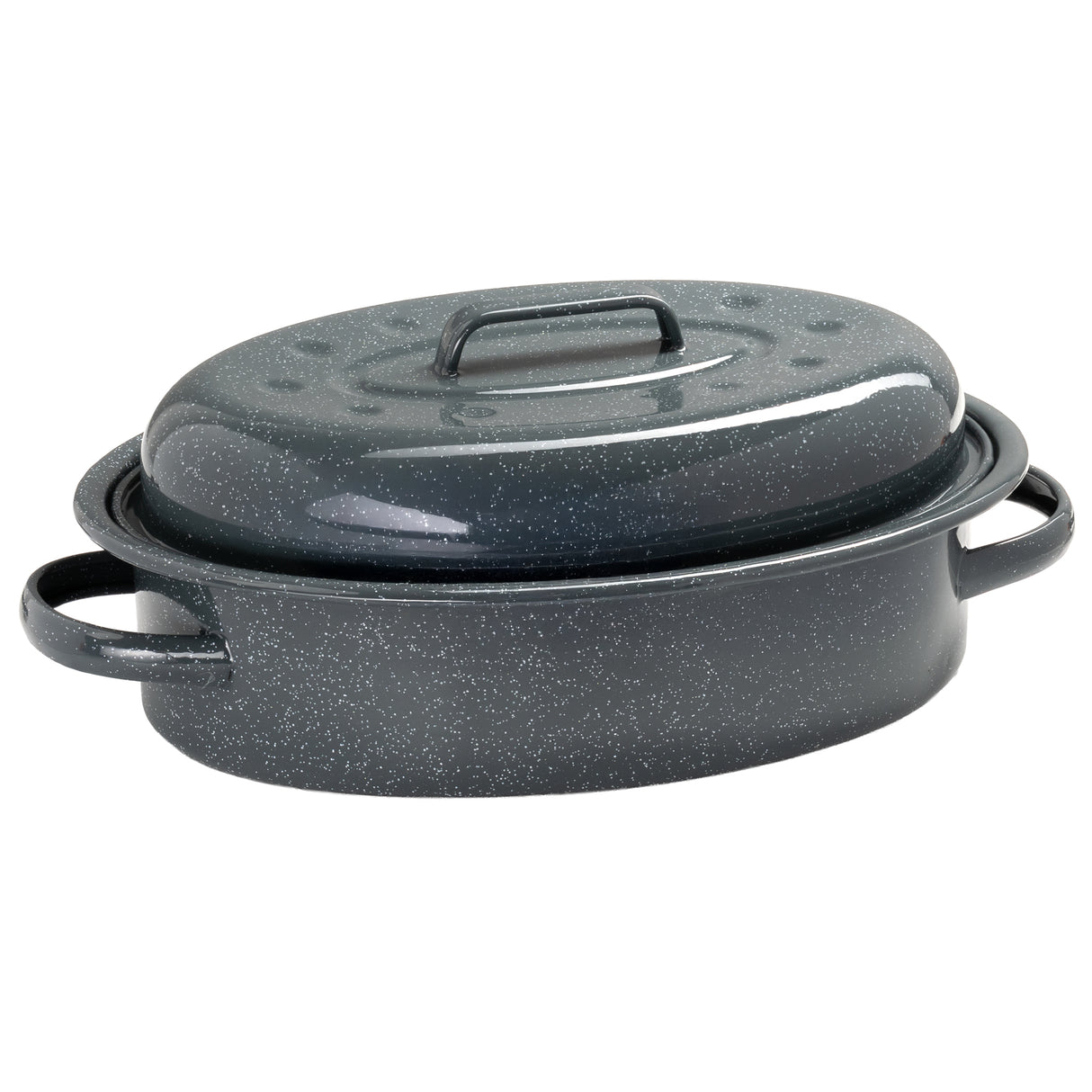 Grey speckled roasting pan with lid on a white background
