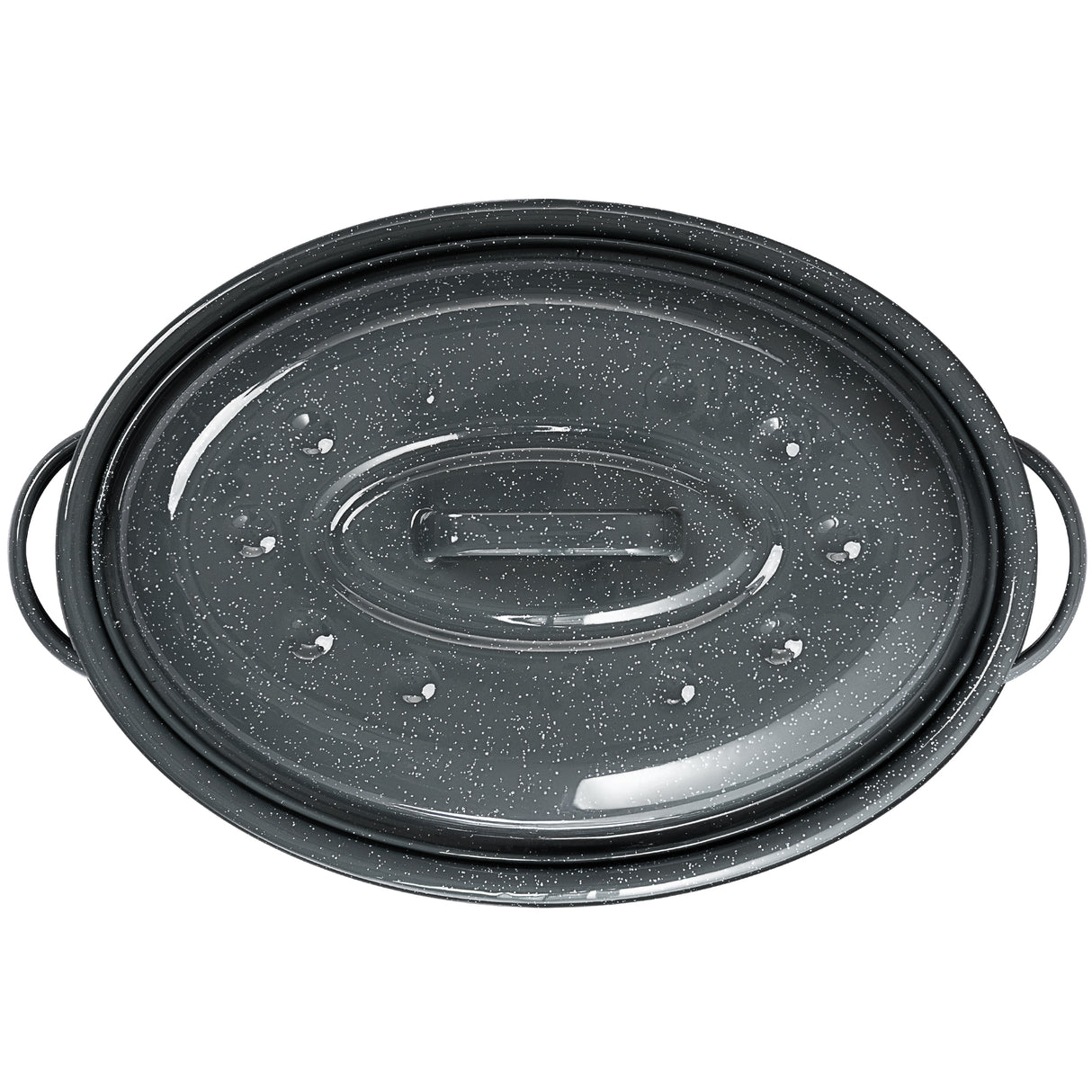 Top-down view of a grey enamel casserole dish with matching lid, featuring speckled finish and side handles.