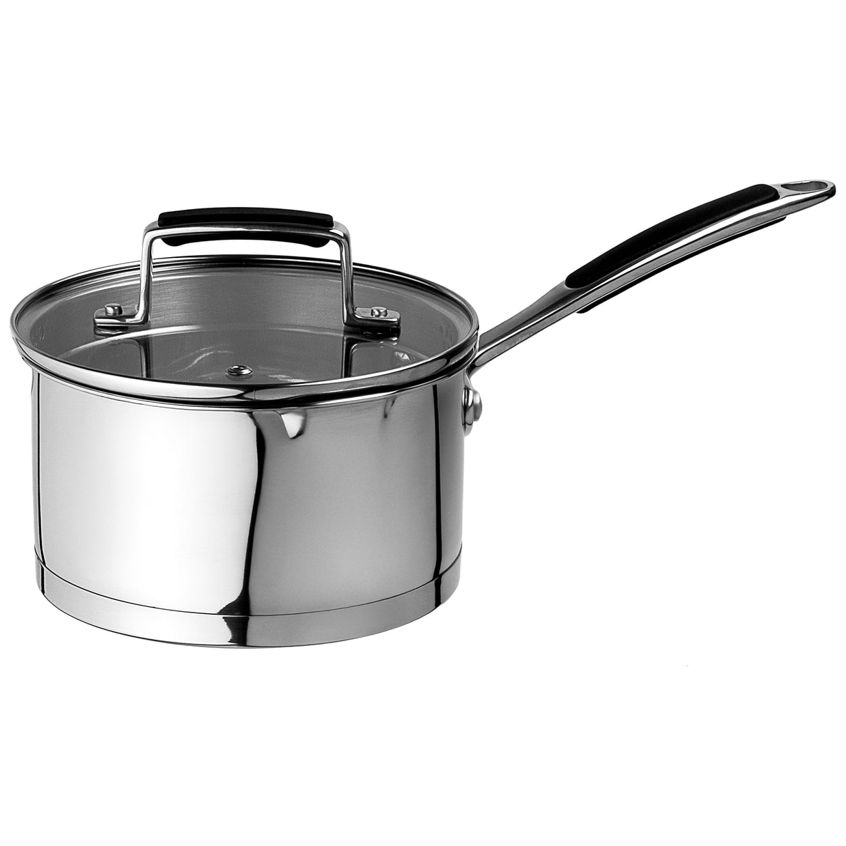 Stainless steel saucepan with lid on a white background