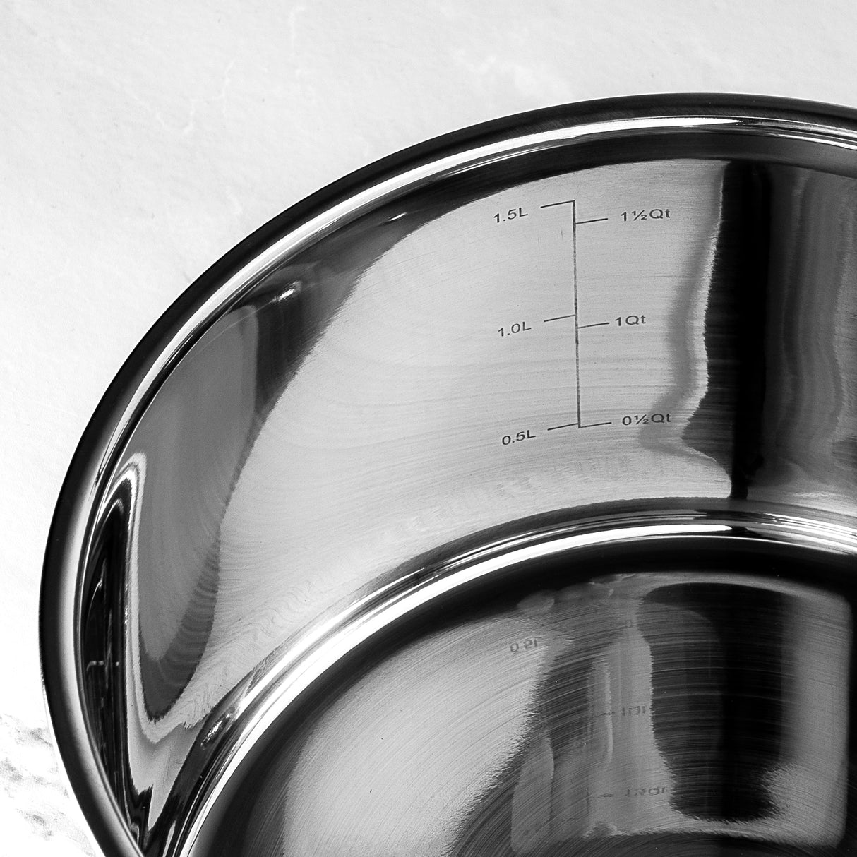Close-up of a stainless steel pan with measurement markings on a light gray background