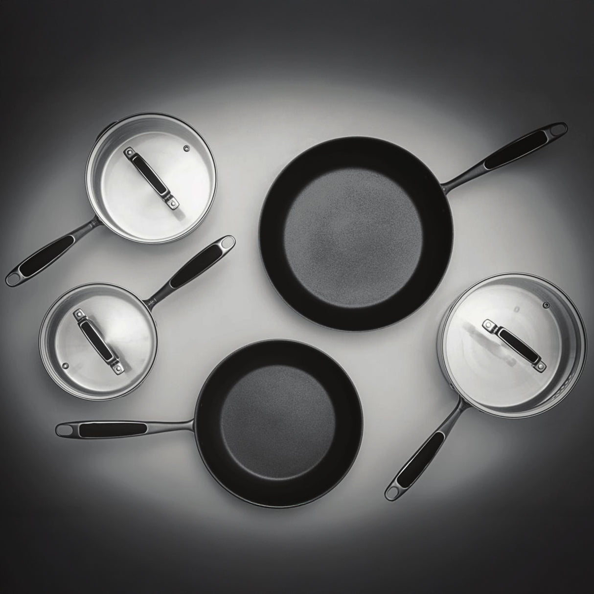 ProChef 5-piece non-stick cookware set including frying pans and saucepans with glass lids, displayed on a dark gradient background.