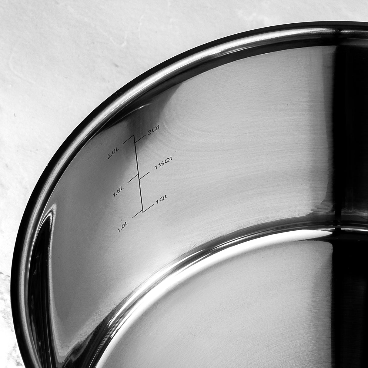Close-up of a stainless steel pan with measurement markings on a light gray background