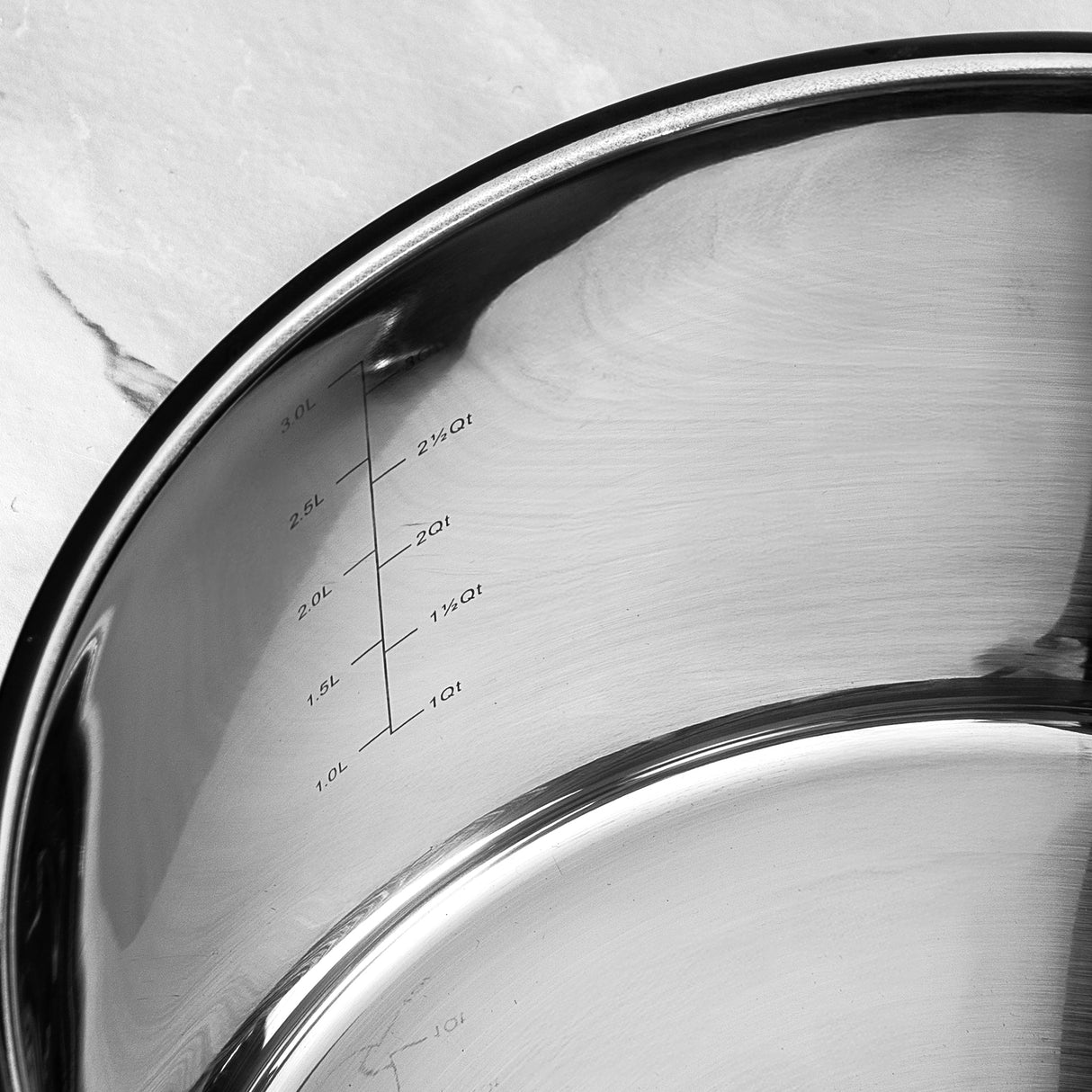 Close-up of a stainless steel pan with measurement markings on a white background