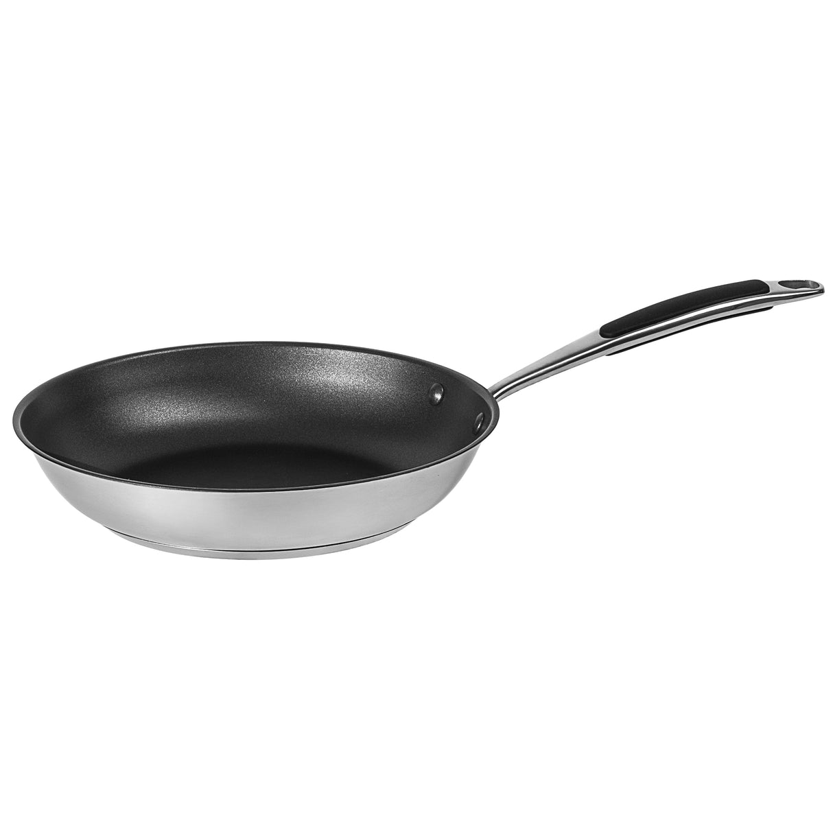 Silver frying pan with black non-stick coating and silver handle on a white background