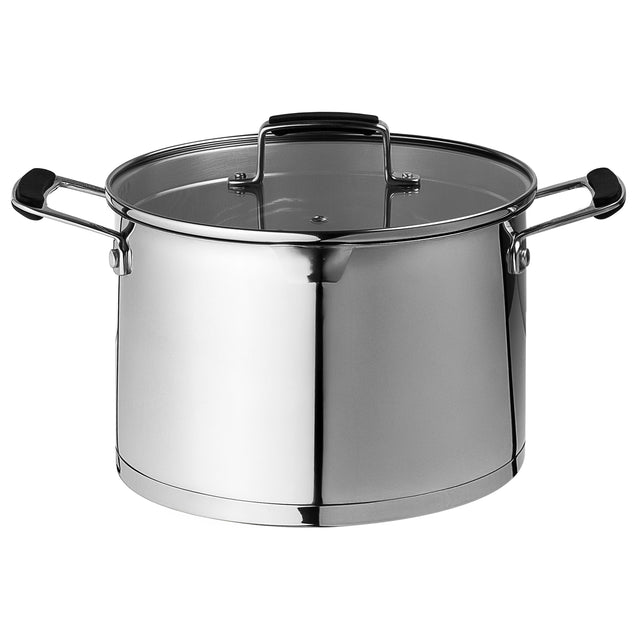 Stainless steel pot with lid on a white background