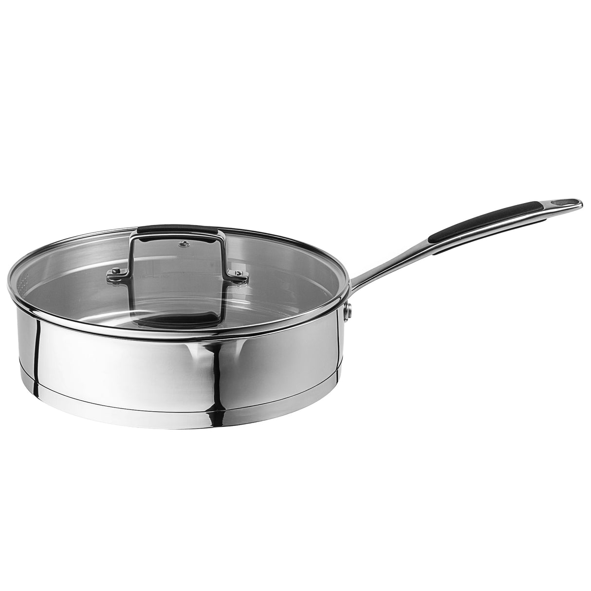 Stainless steel sauté pan with lid on a white background