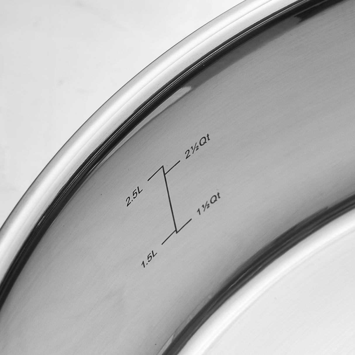 Close-up of a stainless steel pan interior with measurement markings on a white background
