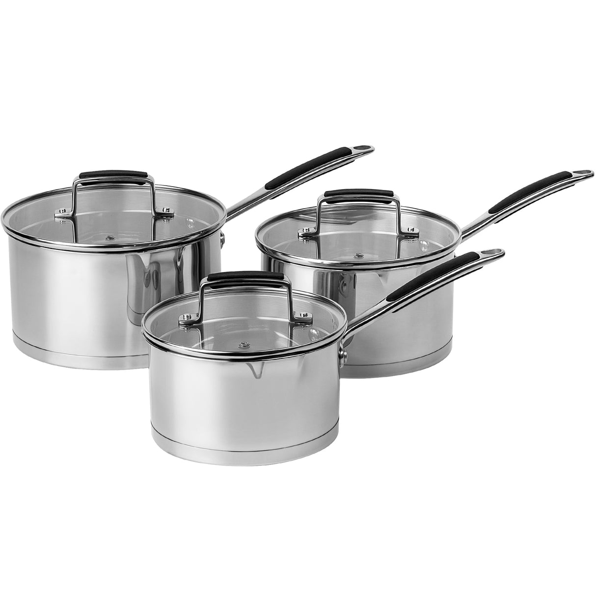 Set of three ProChef stainless steel saucepans with glass lids and black-handled stainless steel silicone grips, displayed on a white background.