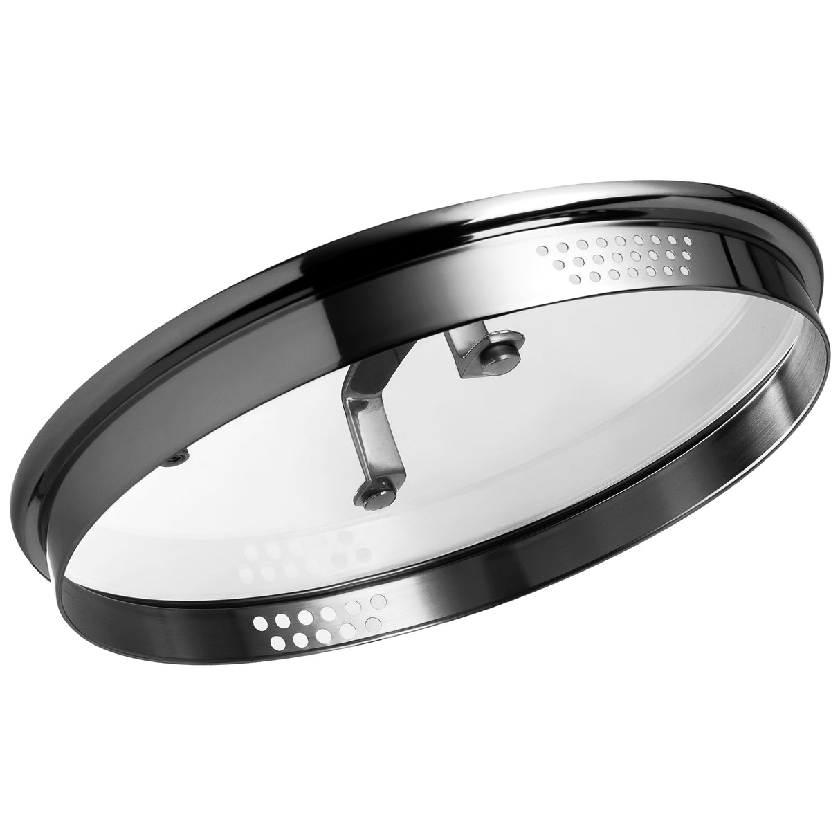 ProChef glass saucepan lid with stainless steel rim, steam vents, and sturdy metal handle, shown at an angle on a white background.