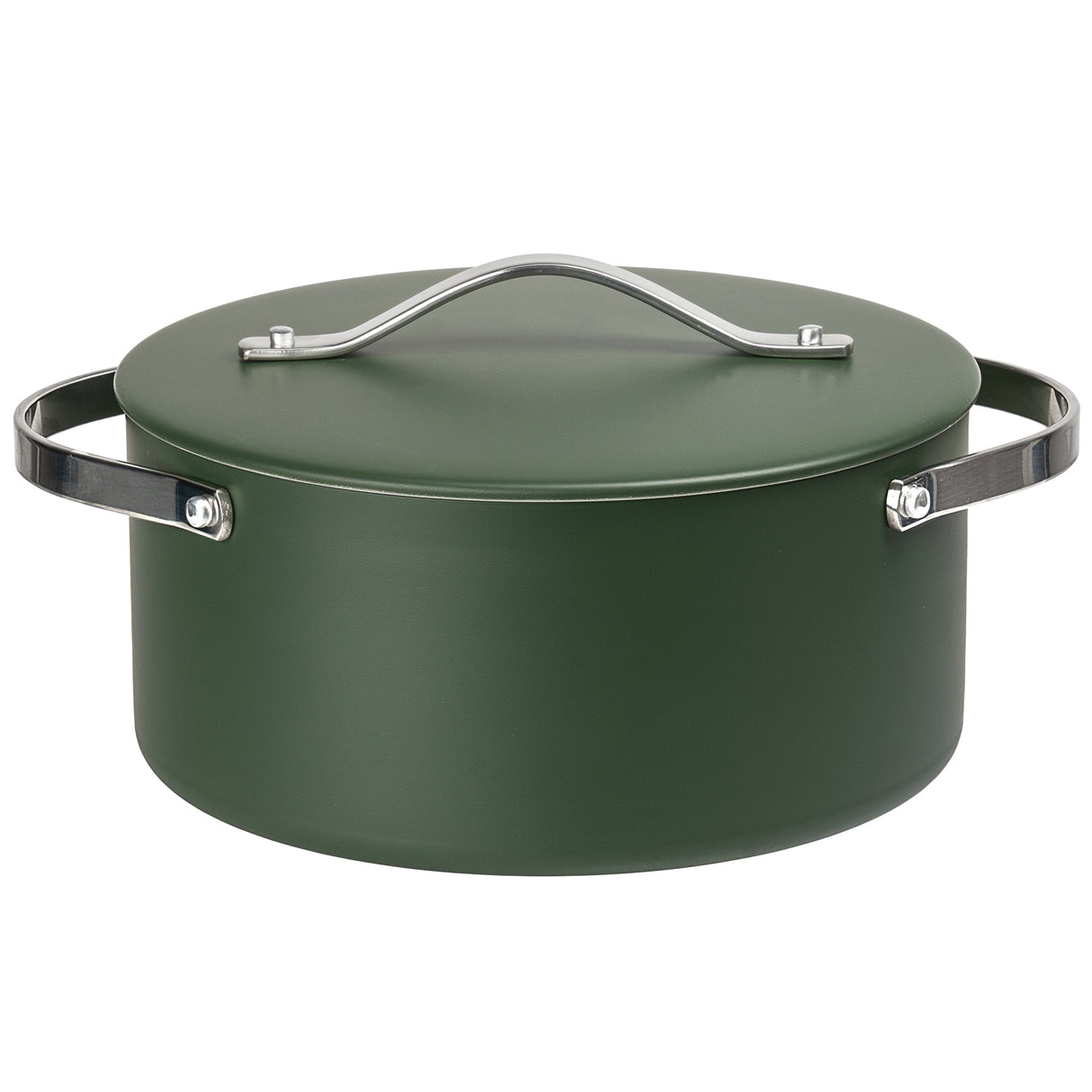 Green pot with lid and handles on a white background