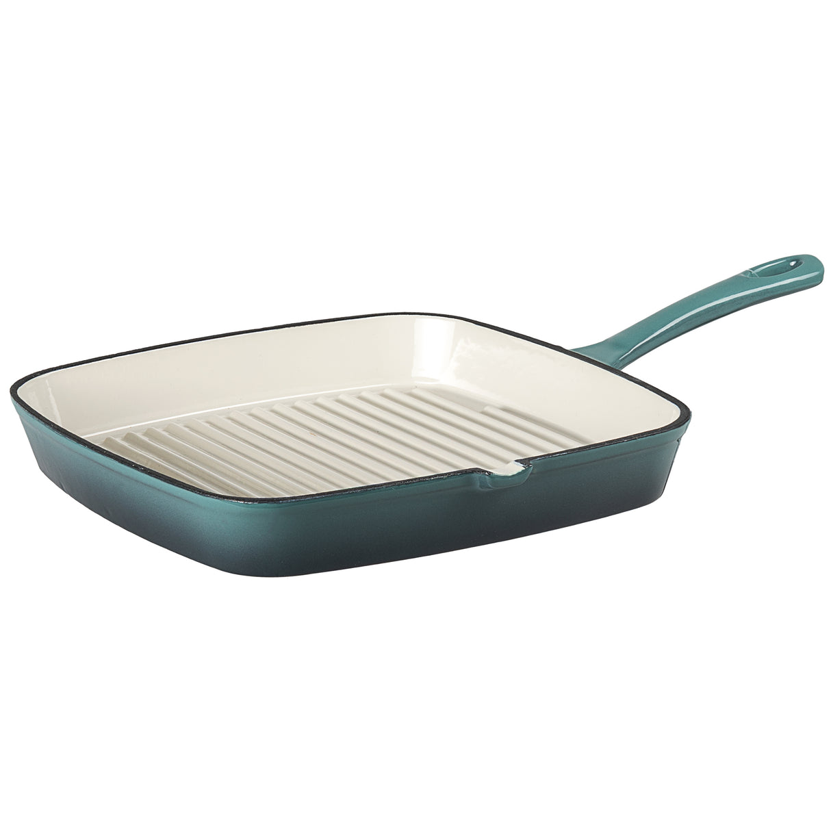Teal square cast iron grill pan on a white background