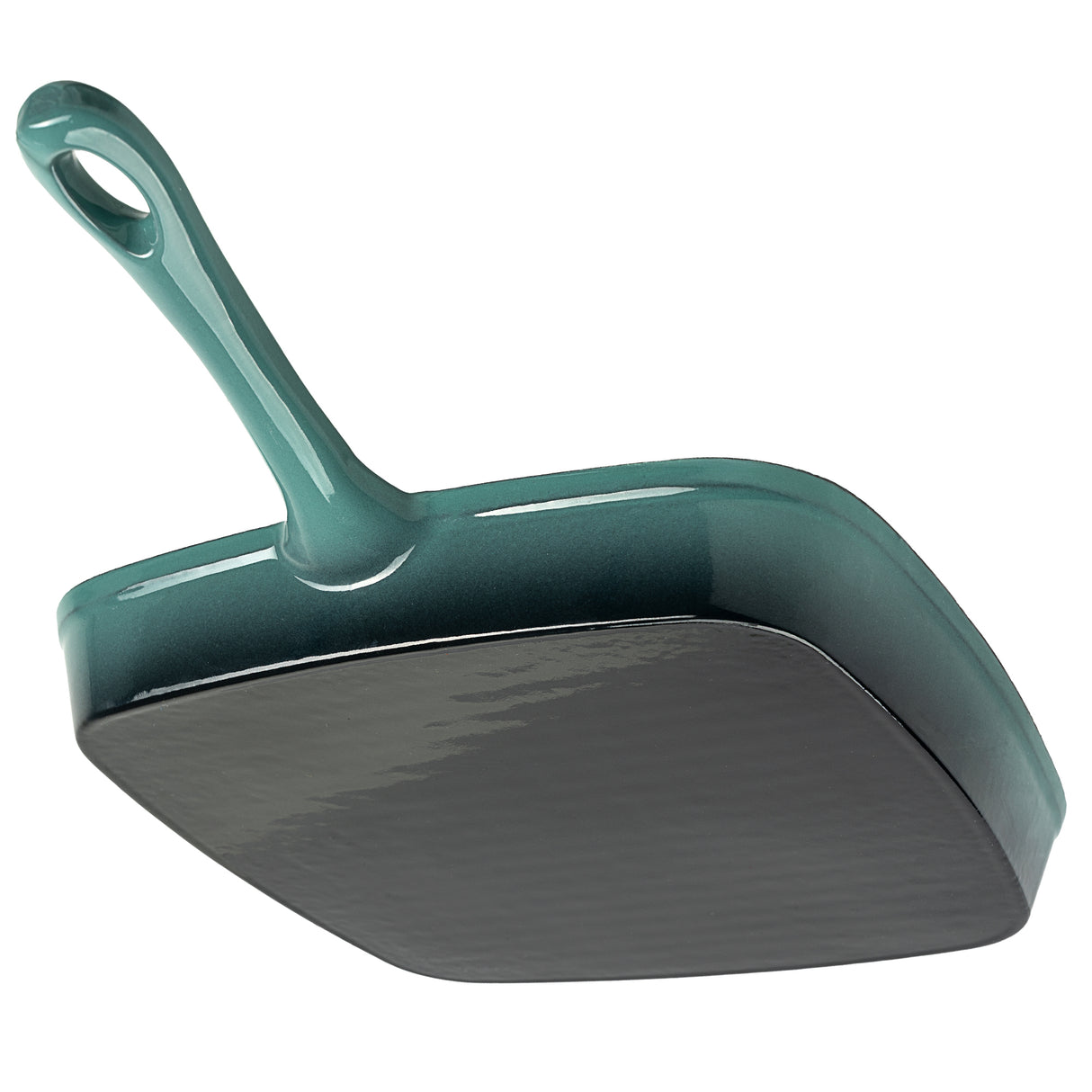 Teal-coloured cast iron grill pan underside