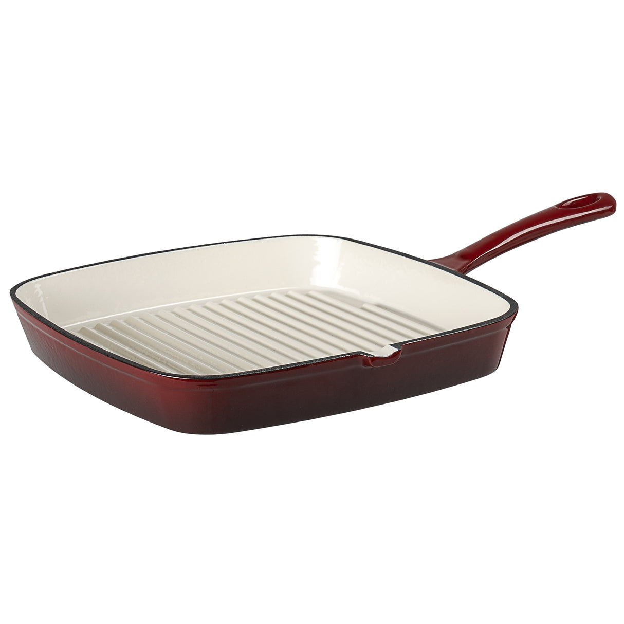 Red square grill pan with a white interior on a white background