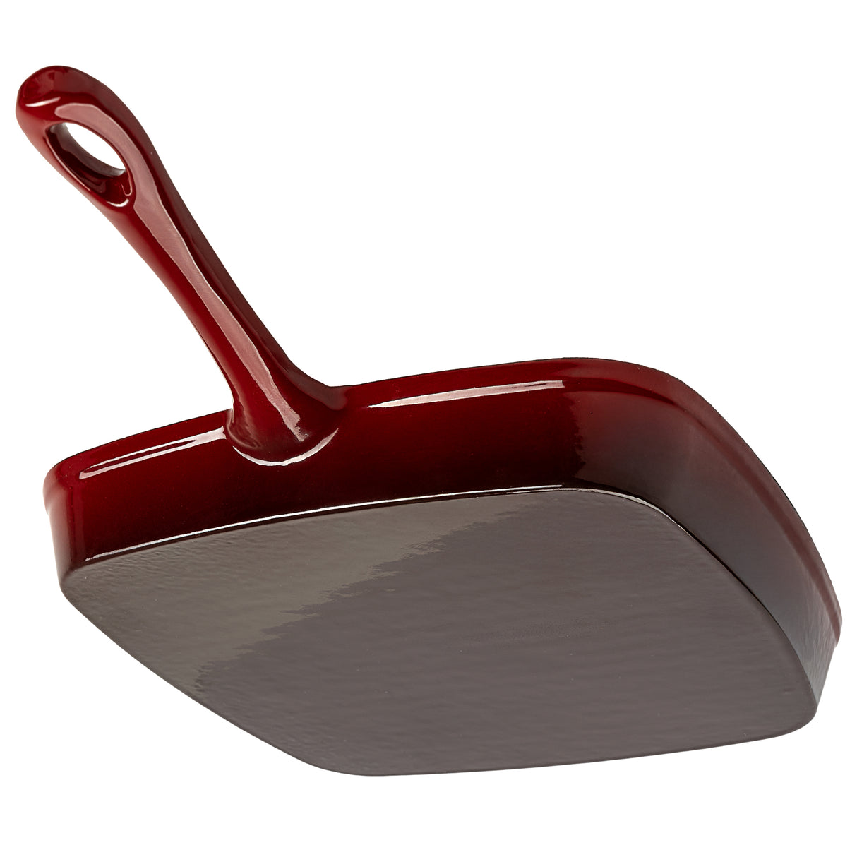 Deep garnet cast iron grill pan underside on a white background