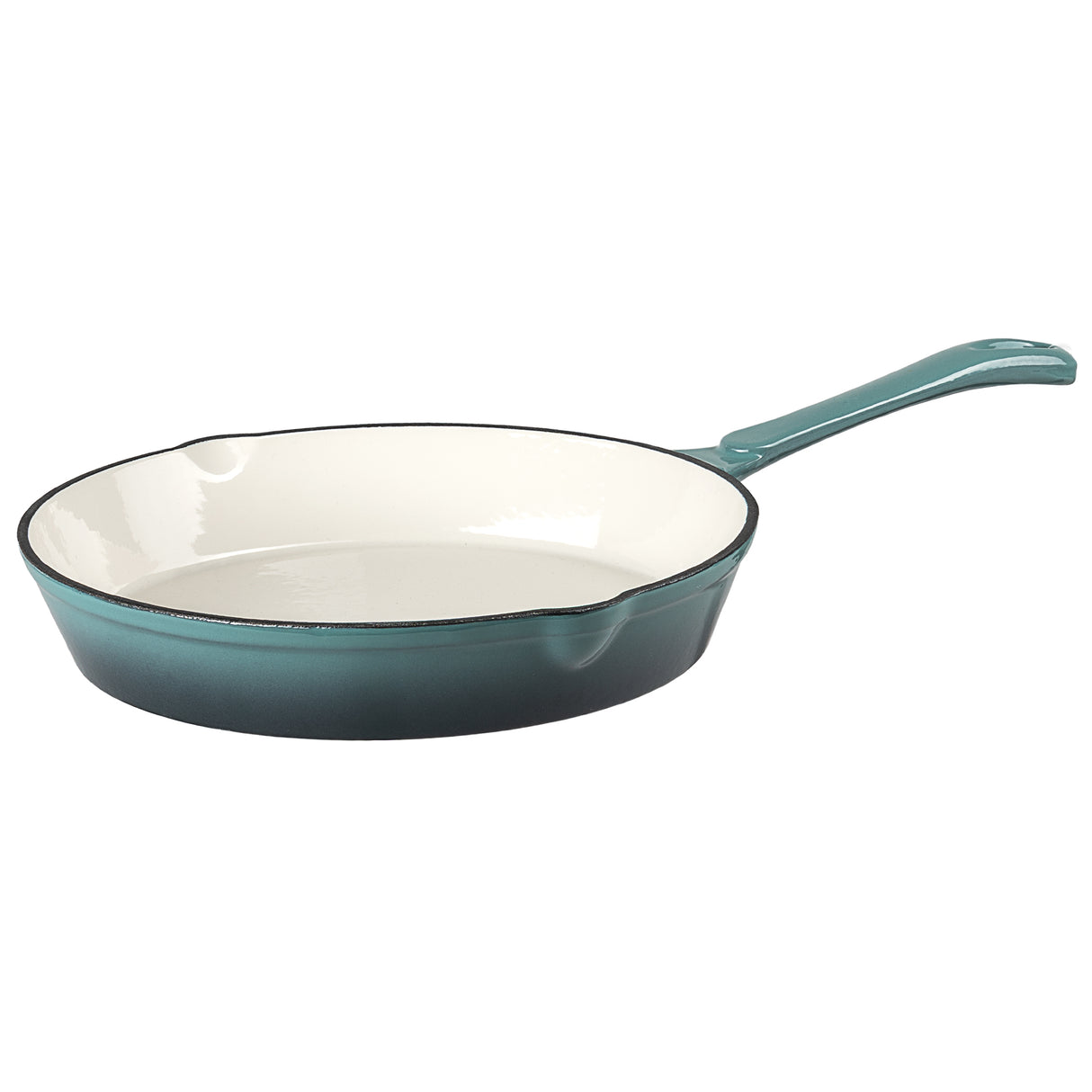 Teal cast iron frying pan with white interior on a white background
