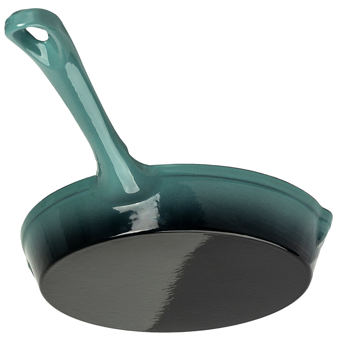 Teal frying pan underside on a white background