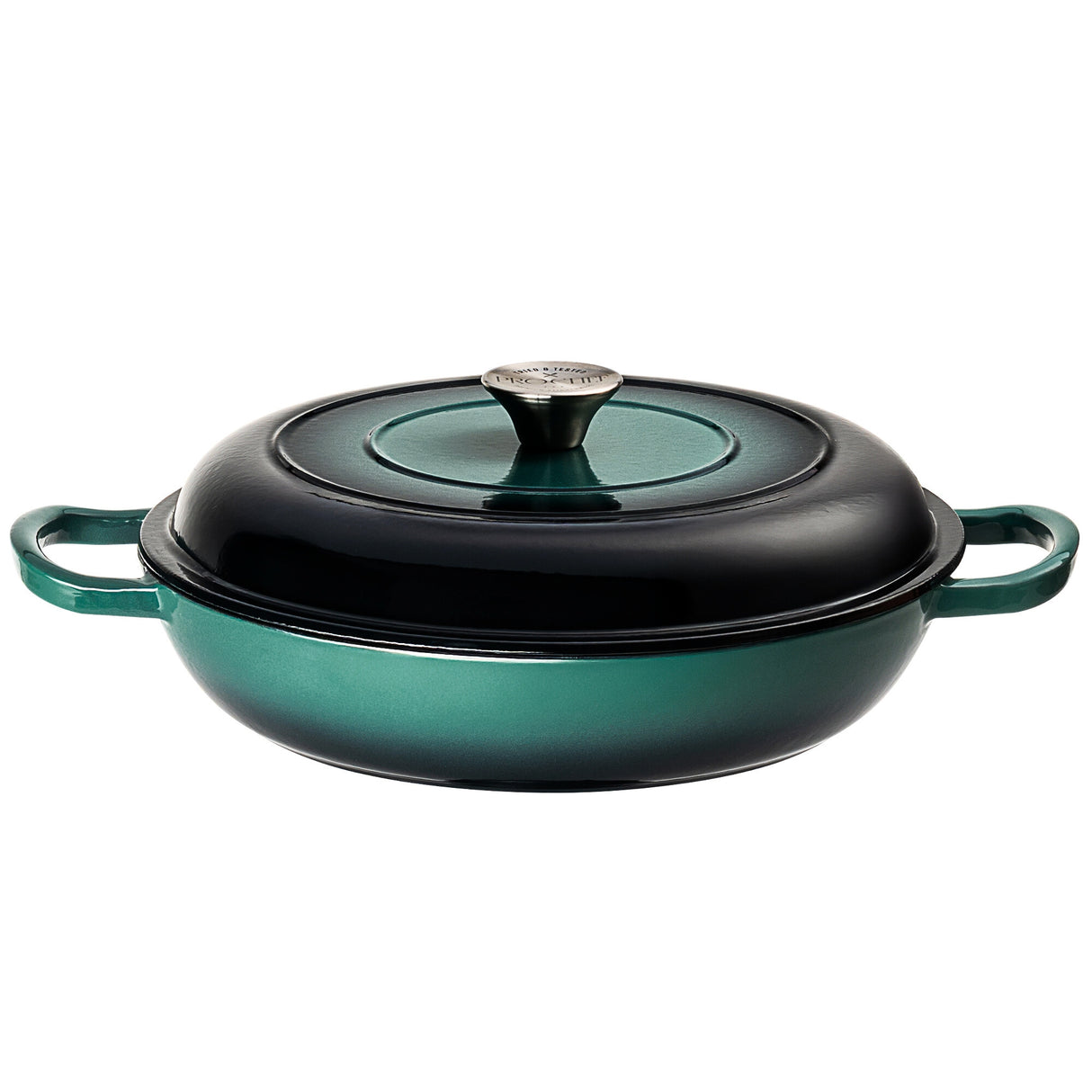 ProChef teal and black enamelled cast iron skillet with lid on a white background