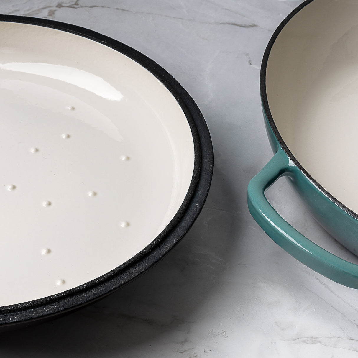 ProChef round cast iron casserole dish in teal with white enamel interior, shown with lid underside featuring self-basting condensation rings