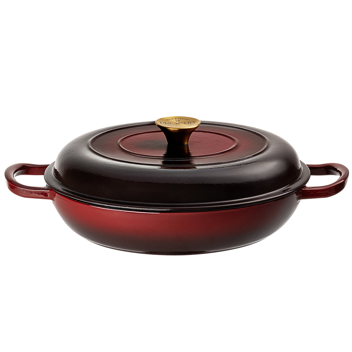 ProChef deep red cast iron skillet with lid on a white background