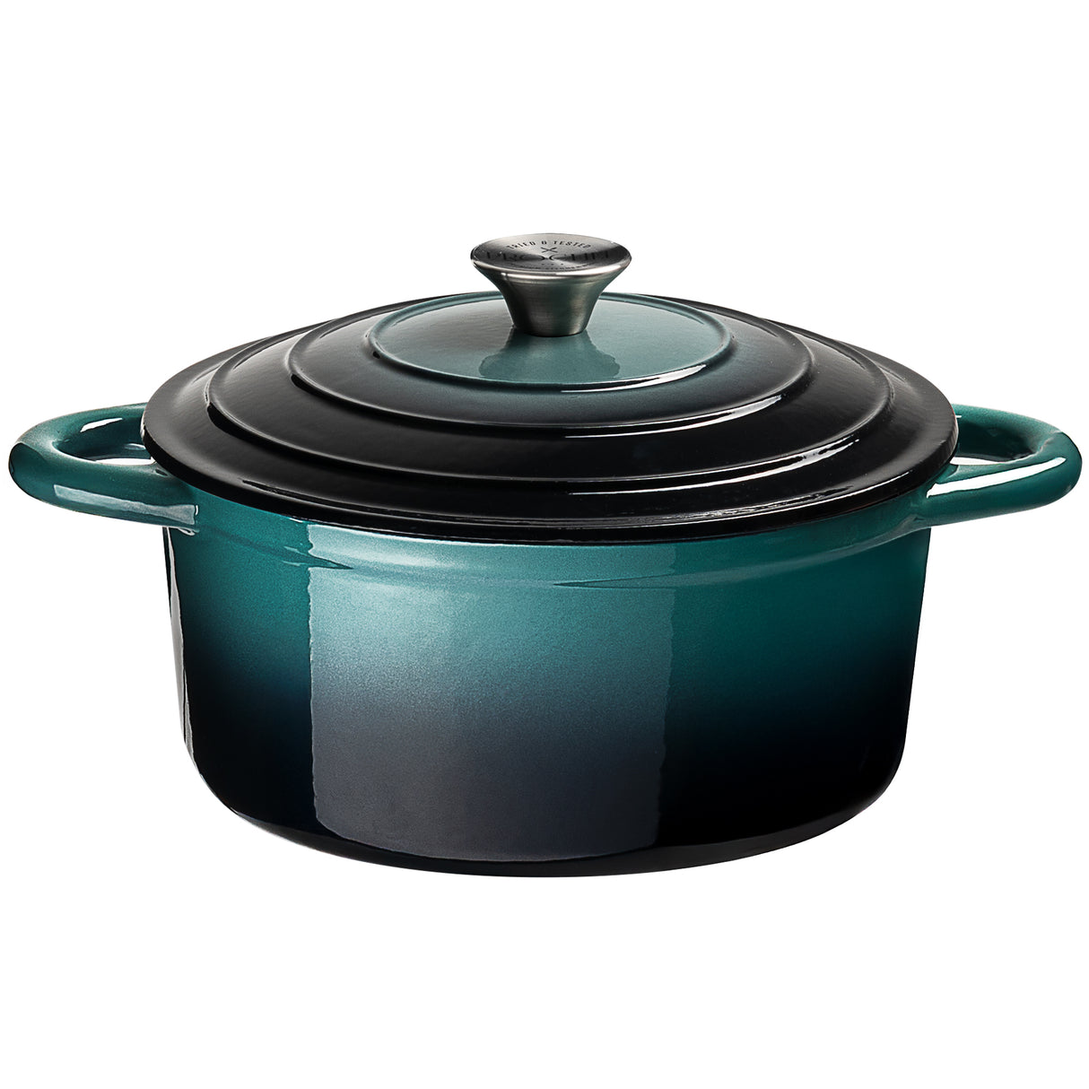 ProChef teal enameled cast iron Dutch oven with lid on a white background
