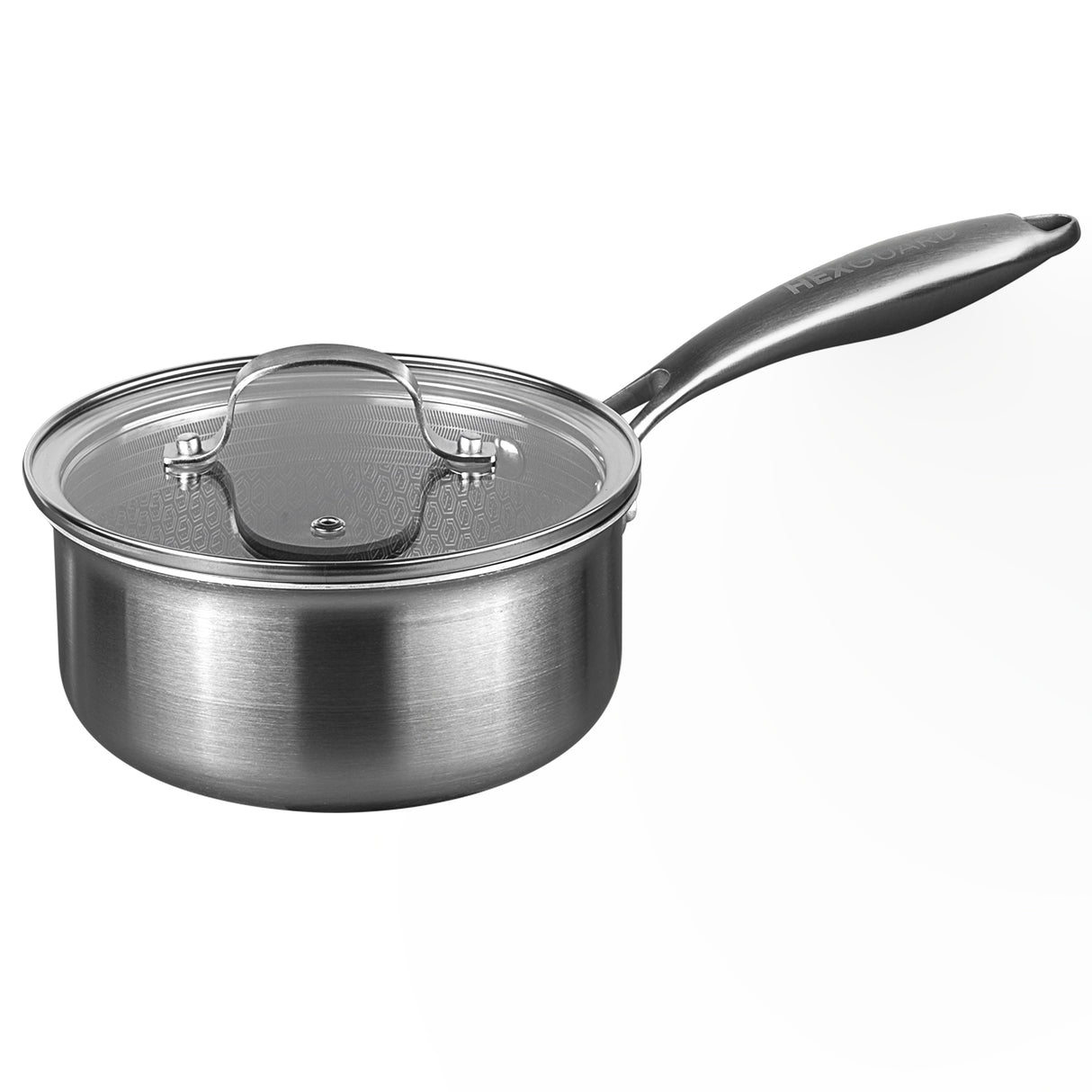 Stainless steel saucepan with lid on a white background