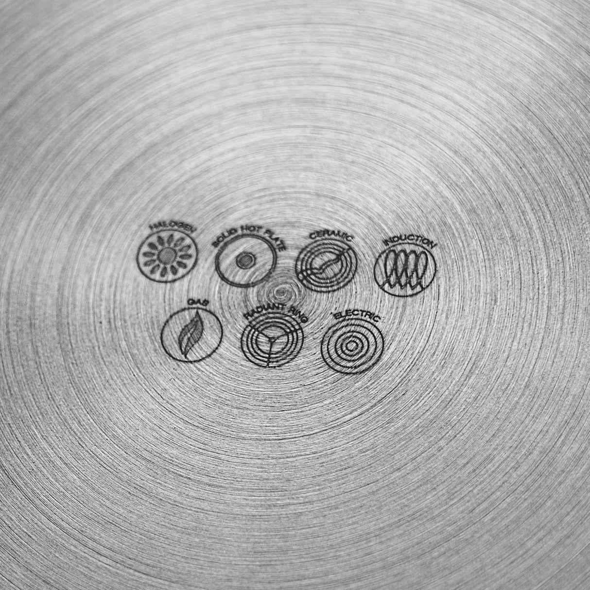 Close-up of stainless steel pan base with engraved cooking hob compatibility symbols, showing suitability for induction, gas, ceramic, halogen, solid hot plate, and electric hobs.
