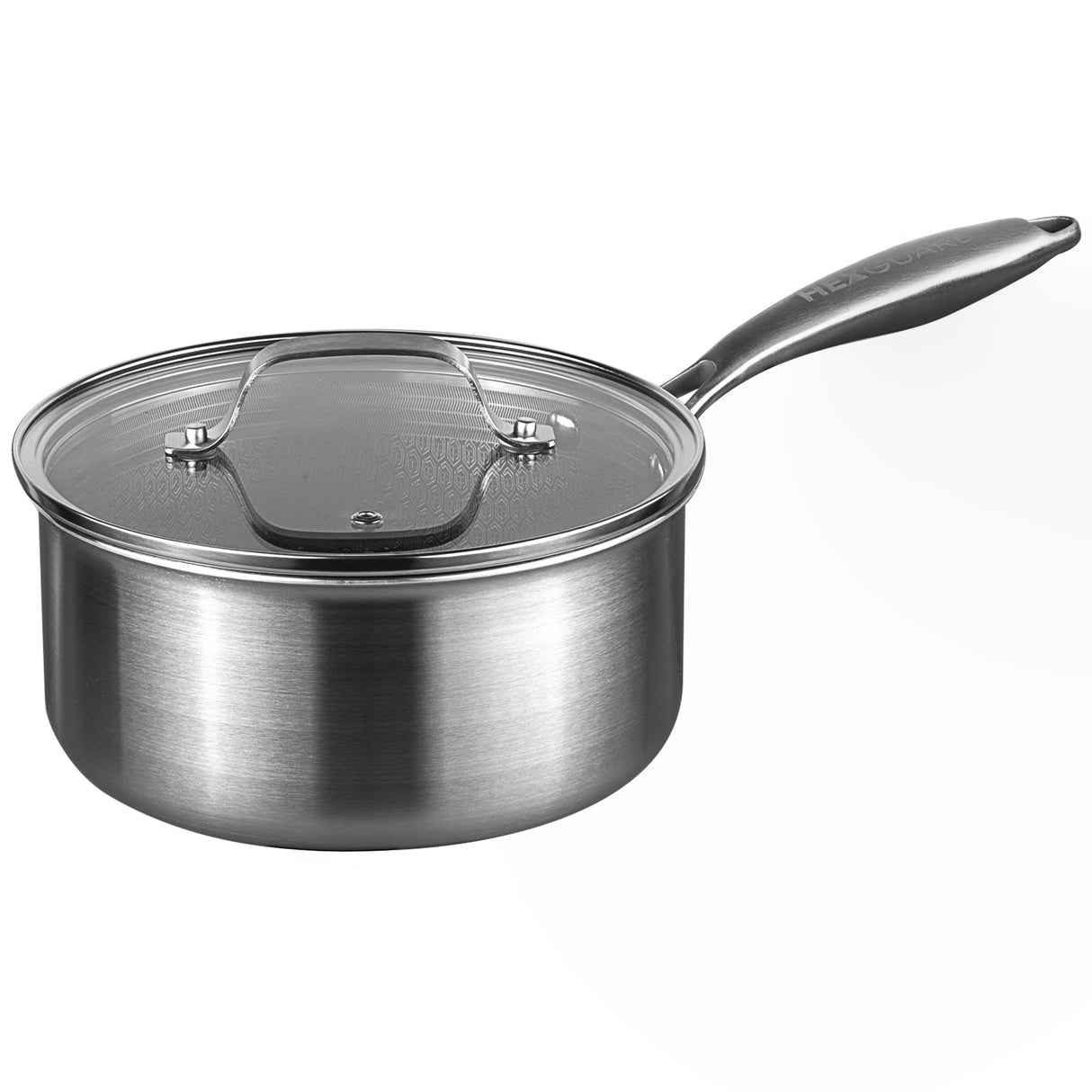 Stainless steel saucepan with lid on a white background